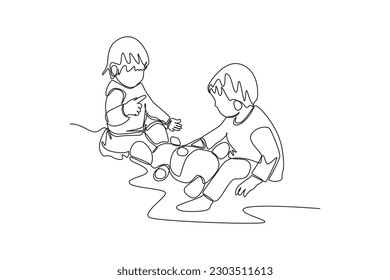 Single one line drawing happy toddler kids playing with toy. Educational games kids concept. Continuous line draw design graphic vector illustration.