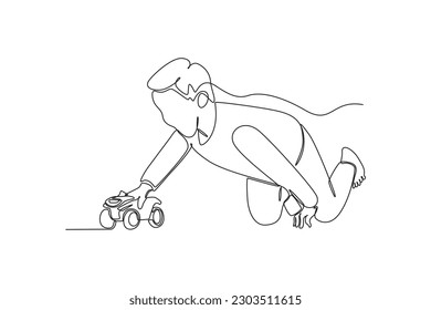 Single one line drawing happy toddler kids playing with toy. Educational games kids concept. Continuous line draw design graphic vector illustration.