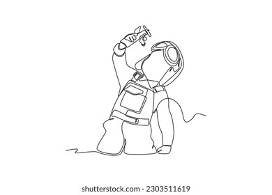 Single one line drawing happy toddler kids playing with toy. Educational games kids concept. Continuous line draw design graphic vector illustration.