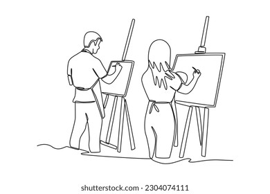 Single one line drawing happy people study together in painting class. Class it up concept. Continuous line draw design graphic vector illustration.