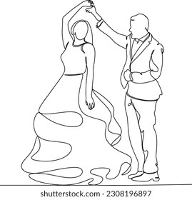 Single one line drawing happy cute married man and woman dancing on the floor at party park. Romantic young wedding couple holding hands and spinning around. Continuous line draw design graphic vector