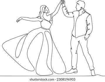 Dibujo de una sola línea alegre hombre casado y mujer bailando en el suelo en el parque de fiestas. Romántica pareja de jóvenes casamientos tomándose de la mano y dando vueltas. Vector gráfico de diseño de trazos de línea continua