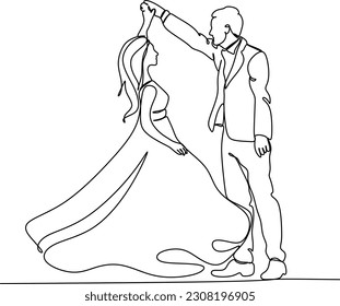 Single one line drawing happy cute married man and woman dancing on the floor at party park. Romantic young wedding couple holding hands and spinning around. Continuous line draw design graphic vector