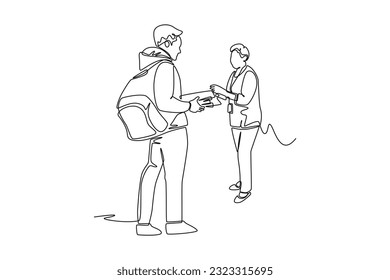 Single one line drawing happy student reading and preparing for examination. Education and leisure concept. Continuous line draw design graphic vector illustration.