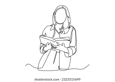 Single one line drawing happy student reading and preparing for examination. Education and leisure concept. Continuous line draw design graphic vector illustration.