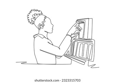 Single one line drawing happy student reading and preparing for examination. Education and leisure concept. Continuous line draw design graphic vector illustration.