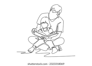Single one line drawing happy father and daughter reading story book. Education and leisure concept. Continuous line draw design graphic vector illustration.