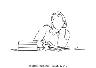 Single one line drawing happy student reading and preparing for examination. Education and leisure concept. Continuous line draw design graphic vector illustration.