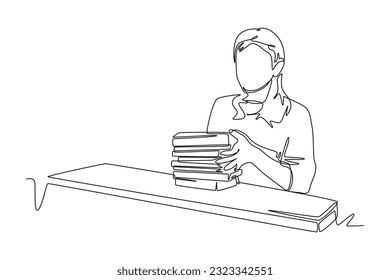 Single one line drawing happy student reading and preparing for examination. Education and leisure concept. Continuous line draw design graphic vector illustration.