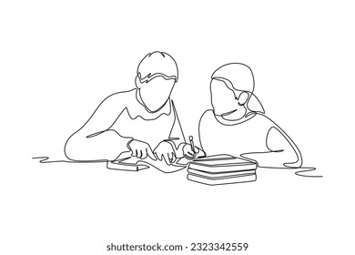 Dibujar una sola línea feliz lectura de los estudiantes y prepararse para el examen. El concepto de educación y ocio. Ilustración gráfica de vector de diseño de línea continua.
