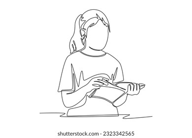 Single one line drawing happy student reading and preparing for examination. Education and leisure concept. Continuous line draw design graphic vector illustration.