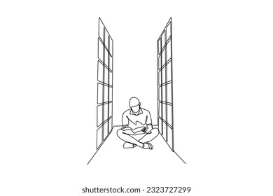 Single one line drawing happy student reading and preparing for examination. Education and leisure concept. Continuous line draw design graphic vector illustration.