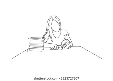 Single one line drawing happy student reading and preparing for examination. Education and leisure concept. Continuous line draw design graphic vector illustration.