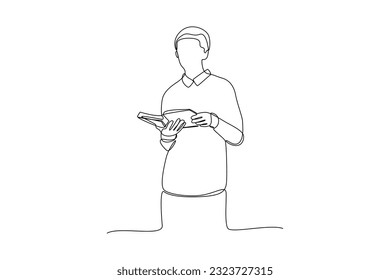 Single one line drawing happy student reading and preparing for examination. Education and leisure concept. Continuous line draw design graphic vector illustration.