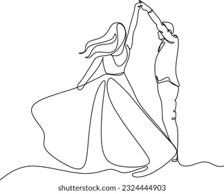 Single one line drawing happy cute married man and woman dancing on the floor at party park. Romantic young wedding couple holding hands and spinning around. Continuous line draw design graphic vector