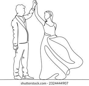 Single one line drawing happy cute married man and woman dancing on the floor at party park. Romantic young wedding couple holding hands and spinning around. Continuous line draw design graphic vector