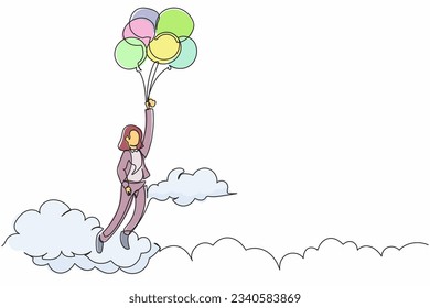 Una sola línea dibujando a feliz empresaria flotando con globo volador a través de la nube. El administrador alcanza el objetivo, alcanza el objetivo, encuentra la solución. Ilustración gráfica de diseño de trazos de línea continua