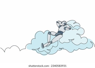 Single one line drawing happy robot relaxing laying on clouds. Future technology development. Artificial intelligence and machine learning processes. Continuous line graphic design vector illustration