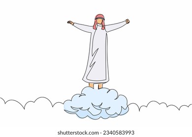 Single one line drawing happy Arab businessman on top of cloud with raised hand. Successful business office manager. Financial freedom concept. Continuous line draw design graphic vector illustration