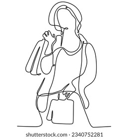 Single one line drawing happy woman with glasses and bags shopping on black friday. Black Friday concept. Continuous line draw design graphic vector illustration.
