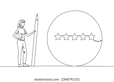 Eine einzige Linie Zeichnung glückliche Frau hält einen großen Bleistift und neben ist ein großer Kreis, der alle 5 Sterne umkreist. Fünf Sterne positive Rückmeldung. Grafische Abbildung des Liniendesigns