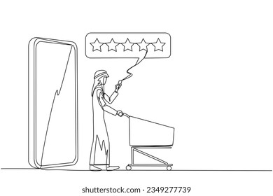 Single one line drawing happy Arabian man walked out of large smartphone while pushing a shopping trolley. Five stars rating review. E commerce. Review to seller. Continuous line graphic illustration