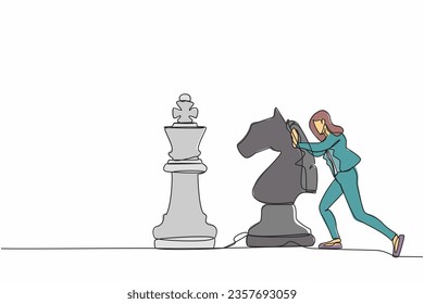 Single one line drawing happy businesswoman push huge horse chess piece to beat king. Strategic thinking and smart move in business play game. Continuous line draw design graphic vector illustration