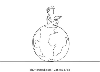 Una sola línea dibujando a un niño feliz sentado en el gran globo leyendo un libro. La metáfora de la lectura puede llegar al mundo. Leer por todas partes. Concepto del festival del libro. Ilustración gráfica de diseño de línea continua