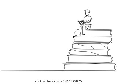 Single one line drawing happy man sitting on a pile of books reading a book. High interest in reading. Opening horizons of thinking. Book festival concept. Continuous line design graphic illustration