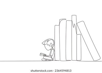 Dibujo de una sola línea niño feliz leyendo sentado sobre un montón de libros. Hábito de leer libros todos los días. Biblioteca. Buen hábito. Festival del libro. Ilustración gráfica de diseño de línea continua