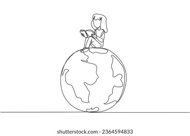 Single one line drawing happy girl sitting on big globe reading a book. The metaphor of reading can reach the world. Read everywhere. Book festival concept. Continuous line design graphic illustration