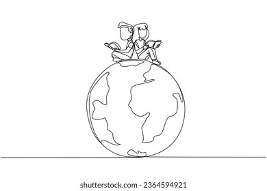 Single one line drawing happy kids sitting on big globe reading a book. The metaphor of reading can reach the world. Read everywhere. Book festival concept. Continuous line design graphic illustration