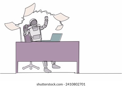 Single one line drawing happy astronaut throwing paper documents in air at working desk. Enjoying space business success. Cosmic galaxy space. Continuous line draw graphic design vector illustration