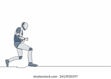 Single one line drawing of happy robot bow with yes gesture. Successful victory achievement. Artificial intelligence. Electronic technology industry. Continuous line graphic design vector illustration