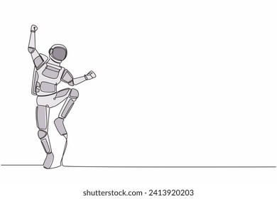 Single one line drawing of happy astronaut jump with folds one leg and raises one hand. Winning spaceship business project. Cosmic galaxy space. Continuous line draw graphic design vector illustration