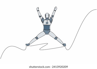 Single one line drawing happy robot jumping with raised his arms and legs. Success tech business project. Artificial intelligence. Technology industry. Continuous line draw design vector illustration