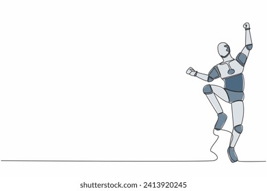 Single one line drawing happy robot jump with folds one leg and raises one hand. Winning business project. Artificial intelligence. Technology industry. Continuous line draw design vector illustration