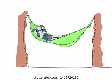 Single one line drawing happy robot lying and sleeping in hammock. Comfort, vacation, and recreation. Artificial intelligence. Technology industry. Continuous line graphic design vector illustration