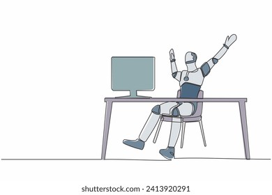 Single one line drawing happy robot sitting with raised hands near desk with computer. Artificial intelligence. Electronic technology industry. Continuous line draw graphic design vector illustration