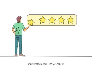 Single one line drawing happy man standing holding 1 star and wants to make it 5 star array. Satisfied customers and give a perfect rating. Star rating. Continuous line design graphic illustration