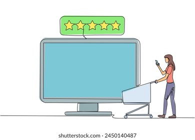 Single one line drawing happy woman walking carrying a trolley while typing on a smartphone towards a large monitor screen. Online shopping. Review 5 star. Continuous line design graphic illustration