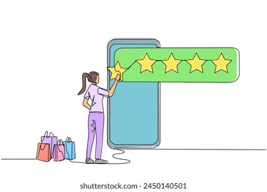 Single one line drawing happy woman standing facing giant smartphone and trying to stick one star, that it becomes 5 stars. Reviews given to online stores. Continuous line design graphic illustration