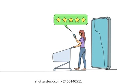 Single one line drawing happy woman walked out of large smartphone while pushing a shopping trolley. 5 stars rating review. E commerce. Review to seller. Continuous line design graphic illustration