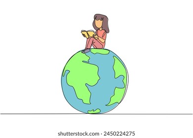 Single one line drawing happy girl sitting on big globe reading a book. The metaphor of reading can reach the world. Read everywhere. Book festival concept. Continuous line design graphic illustration