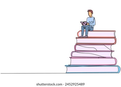 Single one line drawing happy man sitting on a pile of books reading a book. High interest in reading. Opening horizons of thinking. Book festival concept. Continuous line design graphic illustration