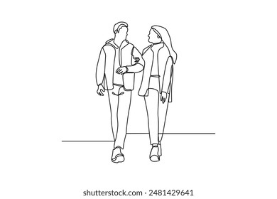 Single one line drawing of happy couple walking holding handst. Couple in love spending time together. Happy family concept. Modern continuous line draw design graphic vector illustration