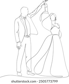 Single one line drawing of happy cute married men and women dancing on the floor in party park. Romantic young wedding couple holding hands and spinning around. Continuous hand drawn lineart.