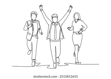 Single one line drawing happy group of male and female worker crossing finish line after winning the race. Business running competition concept. Continuous line draw design graphic vector illustration