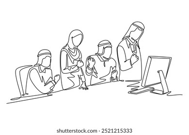 Uma única linha desenhando o homem de negócios e a mulher árabes felizes celebrando o sucesso alcançam a meta do negócio. Trabalhador de equipe assistindo ao relatório no monitor. Ilustração de vetor gráfico de design de desenho de linha contínua