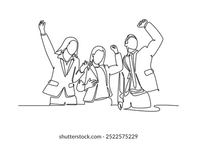 Single one line drawing of happy female and male workers prancing with joy at office together. Business teamwork celebration after deal project. Continuous line draw design graphic vector illustration